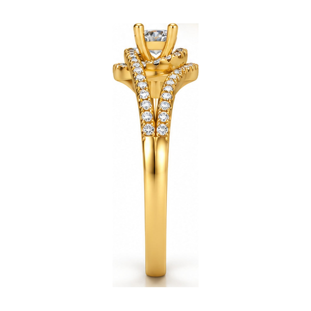 Round halo split shank bypass engagement ring side view