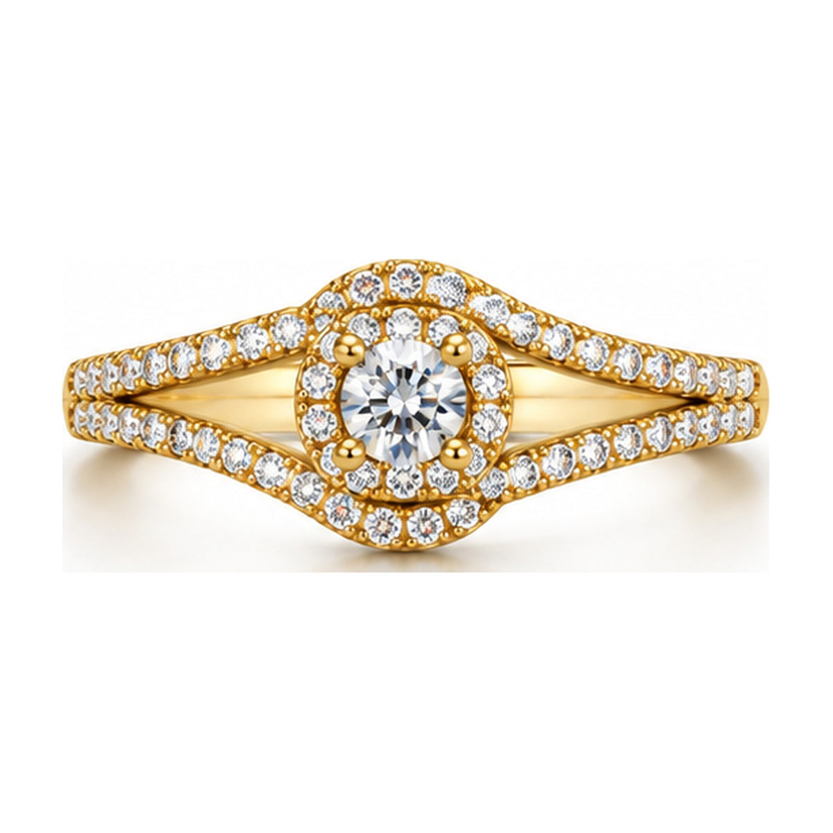 Round halo split shank bypass engagement ring top view