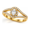 Oval halo split shank bypass engagement ring angled view