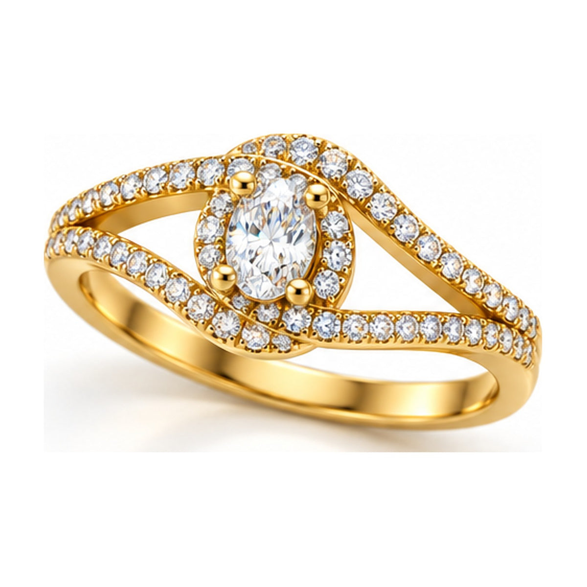 Oval halo split shank bypass engagement ring angled view