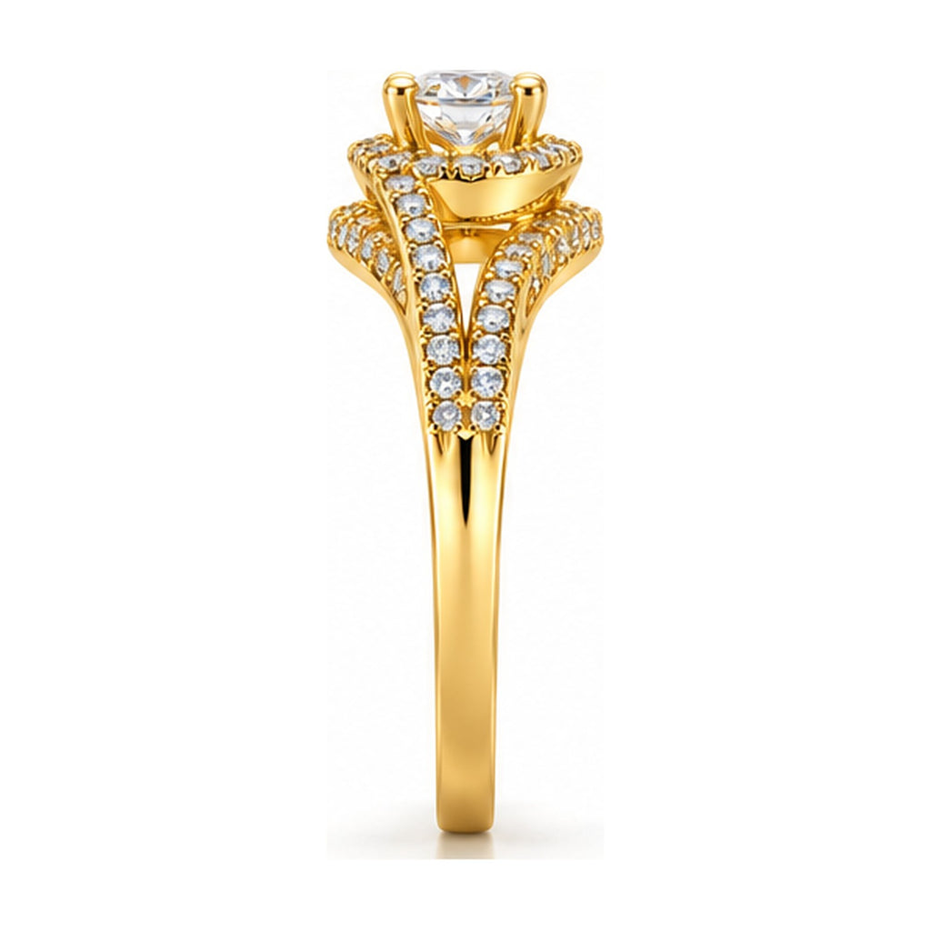 Oval halo split shank bypass engagement ring side view