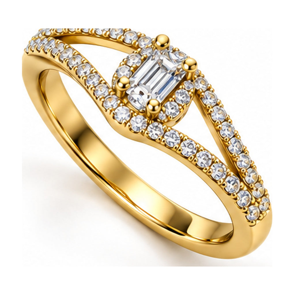 Emerald cut halo split shank bypass engagement ring angled view