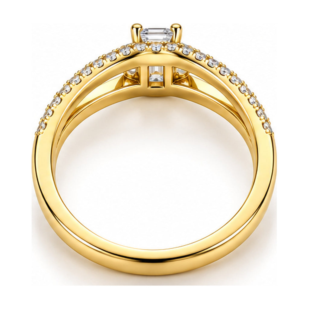Emerald cut halo split shank bypass engagement ring back view