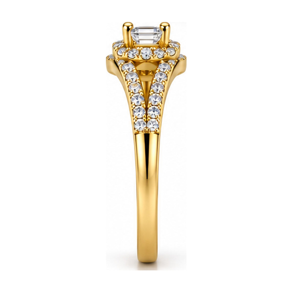 Emerald cut halo split shank bypass engagement ring side view