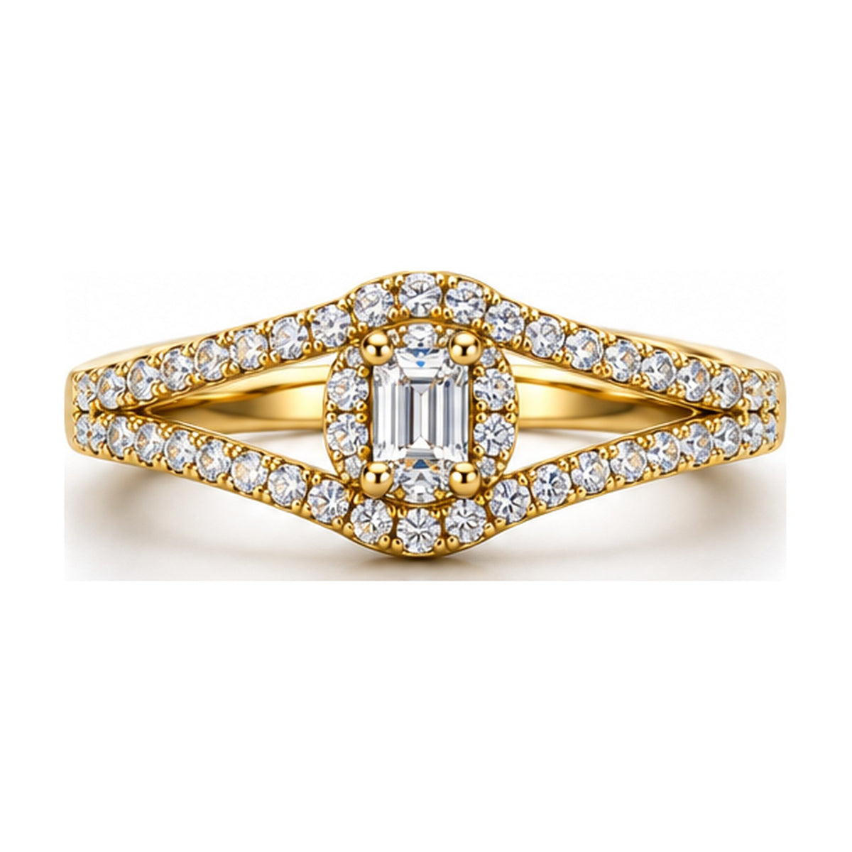 Emerald cut halo split shank bypass engagement ring top view