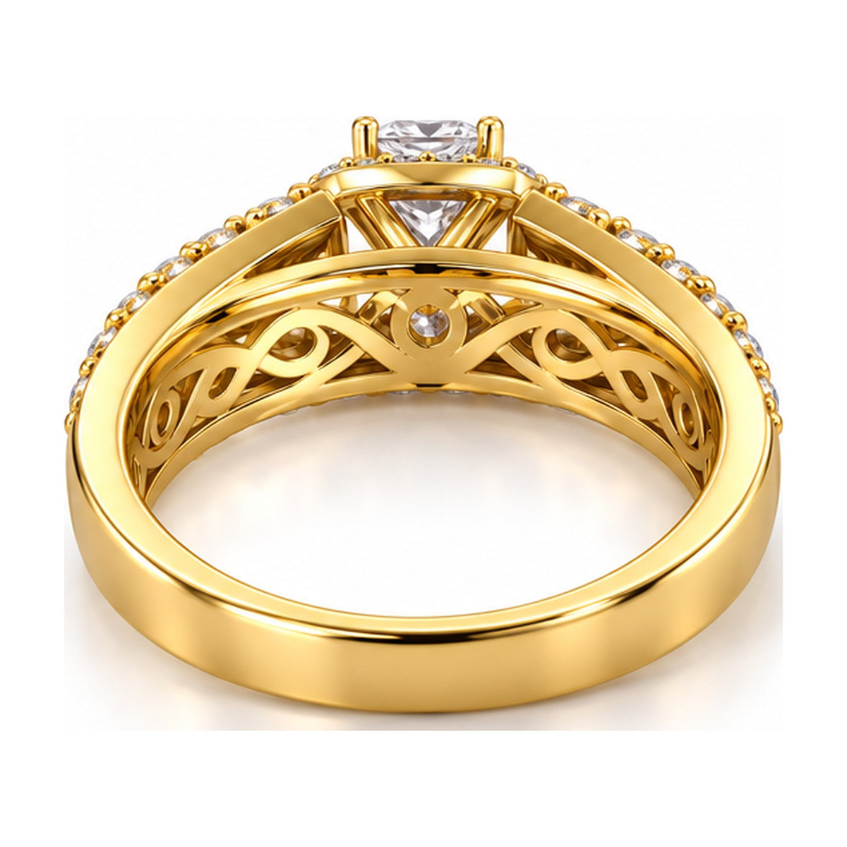 Princess cut halo channel set wide band engagement ring back view