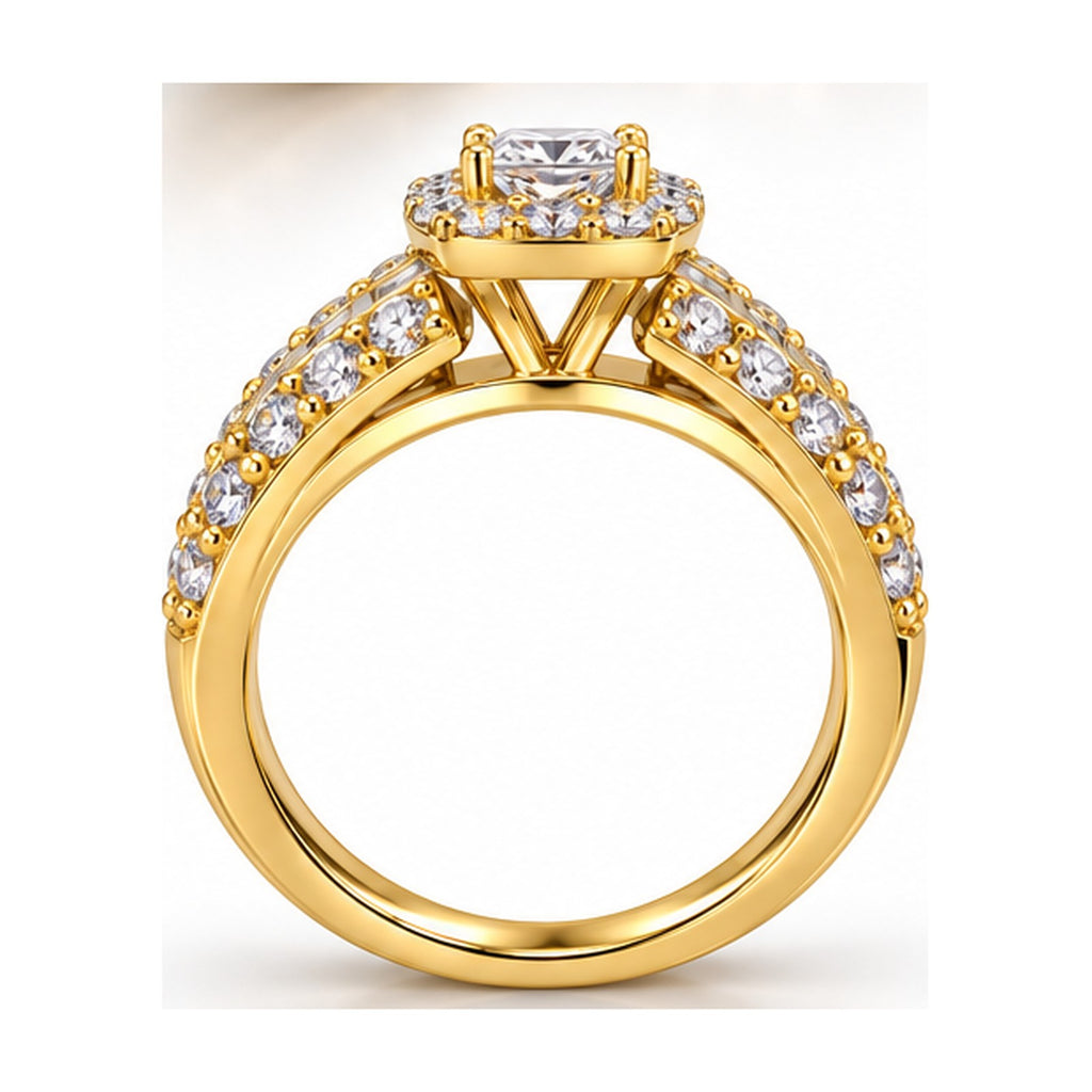 Princess cut halo channel set wide band engagement ring side view