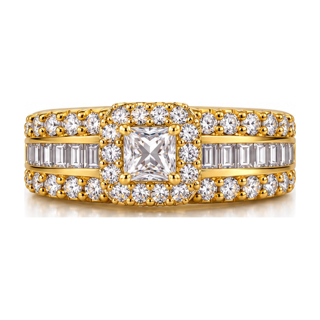Princess cut halo channel set wide band engagement ring top view