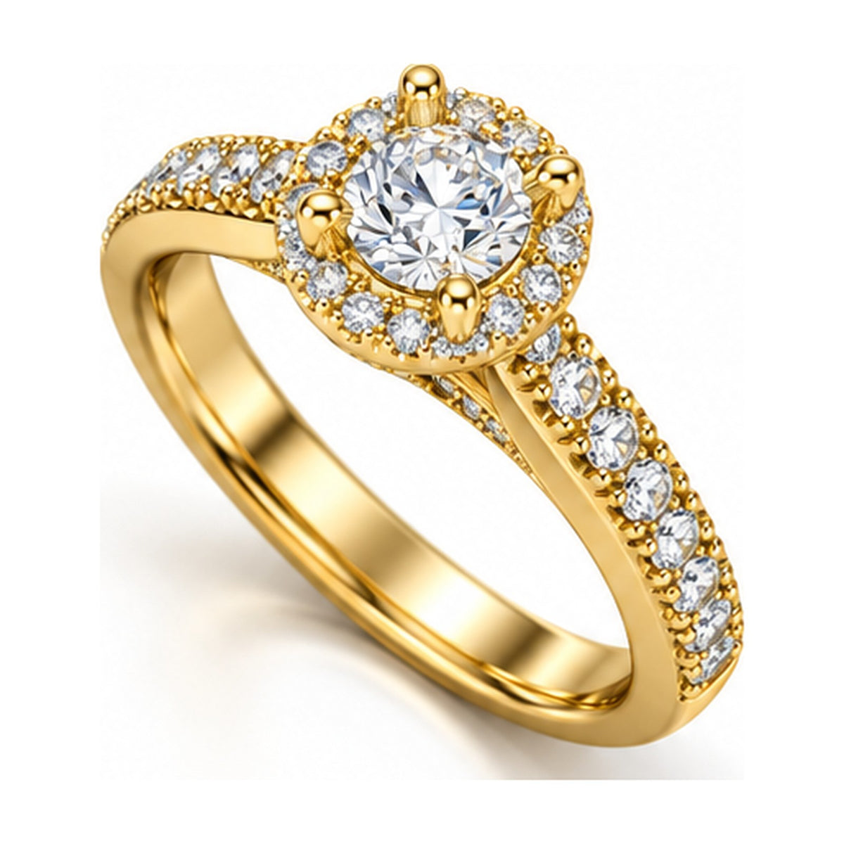 Round halo pave engagement ring angled view