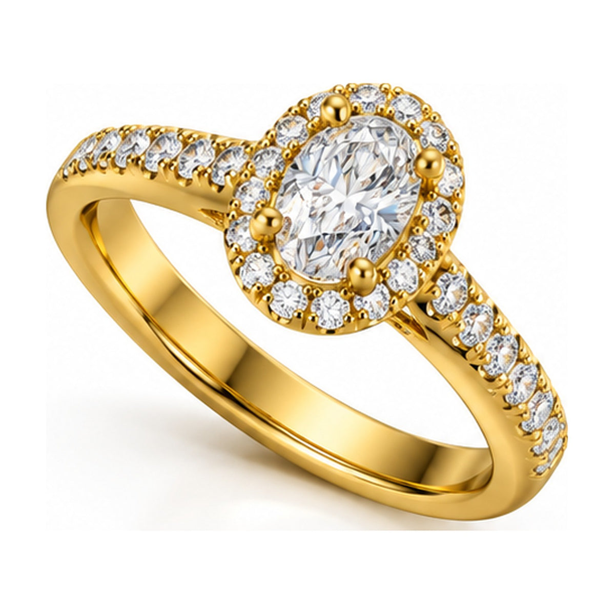 Oval halo pave engagement ring angled view