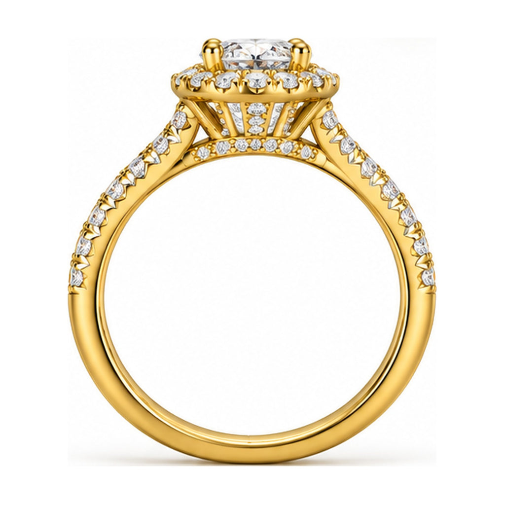 Oval halo pave engagement ring side view