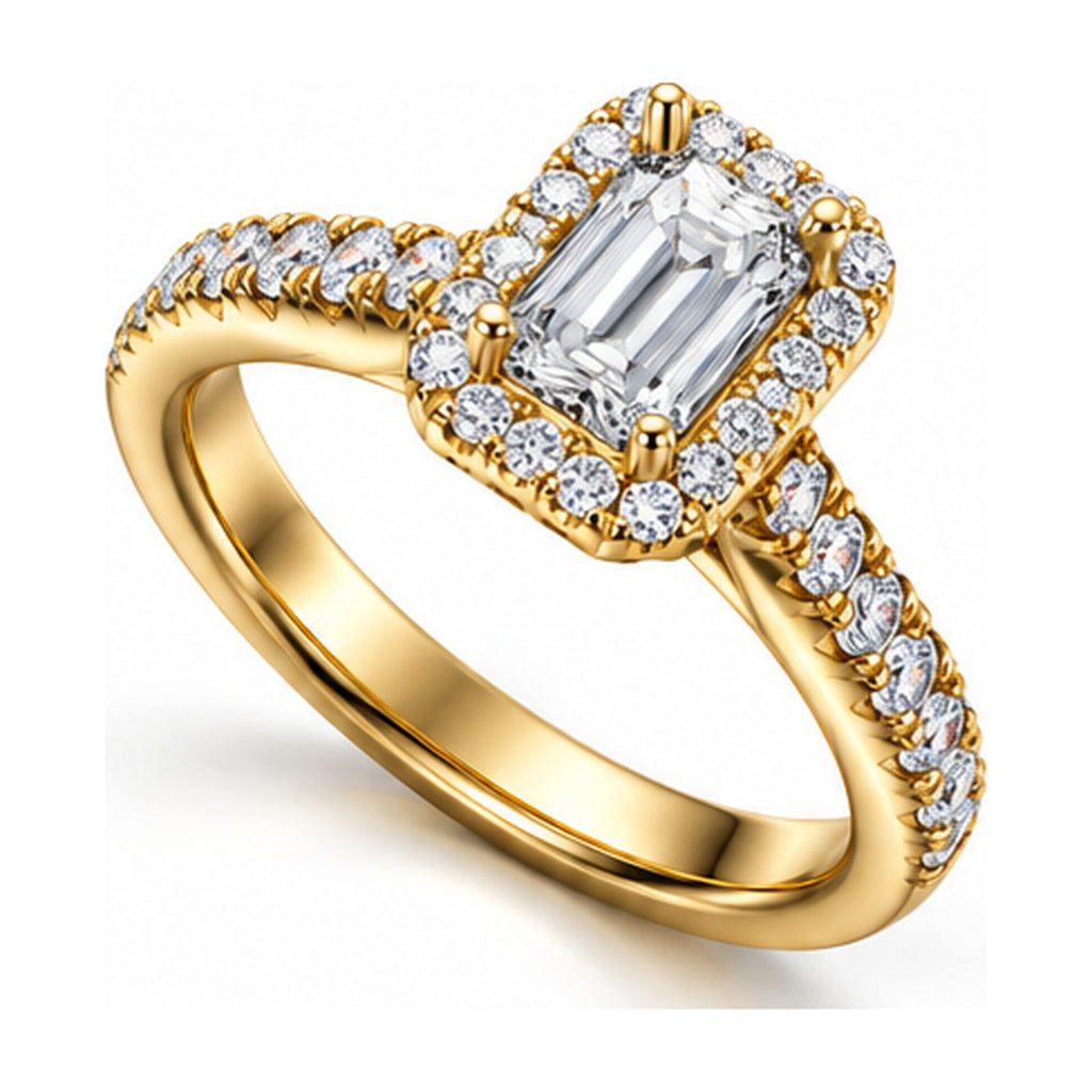 Emerald cut halo pave engagement ring angled view