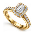 Emerald cut halo pave engagement ring angled view