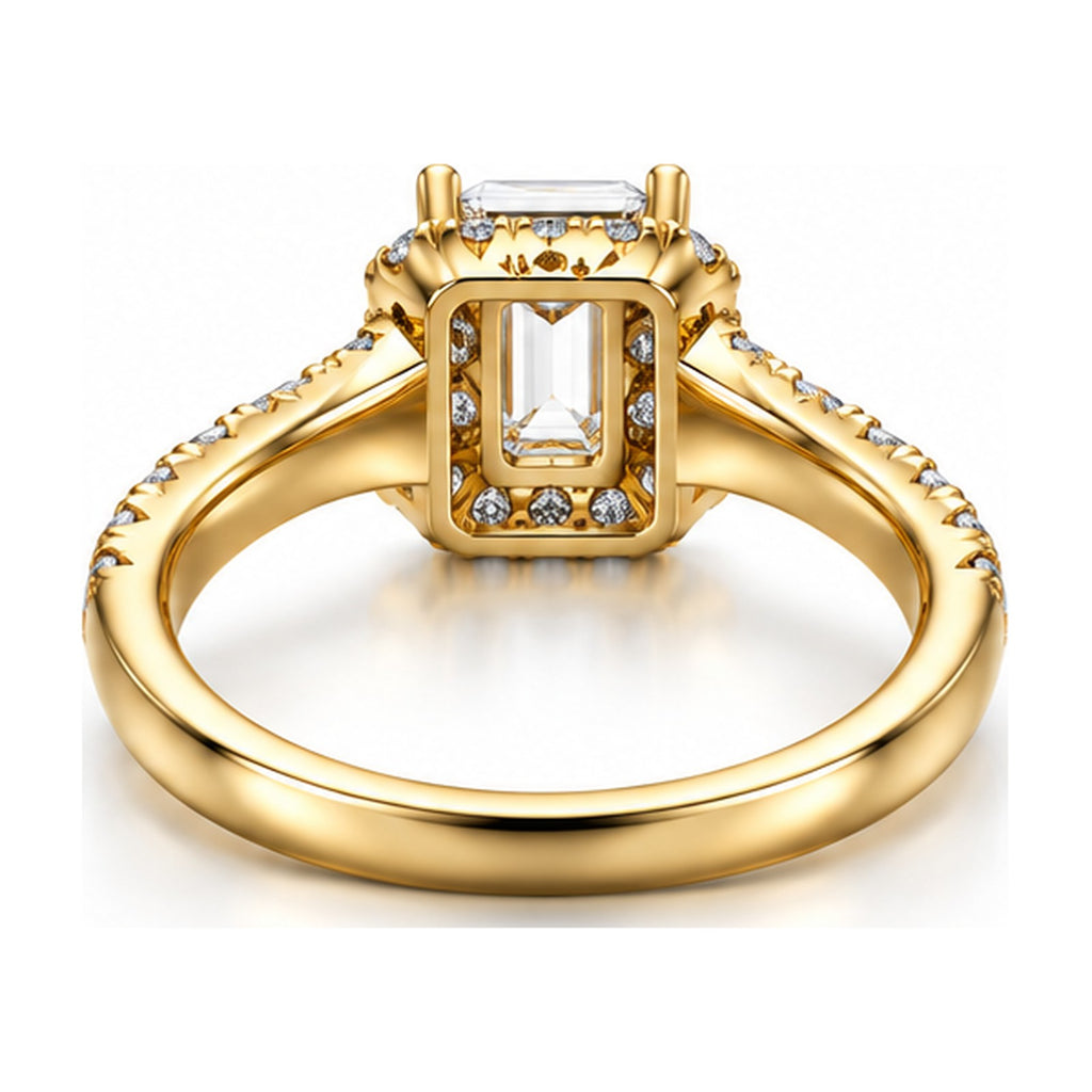Emerald cut halo pave engagement ring back view