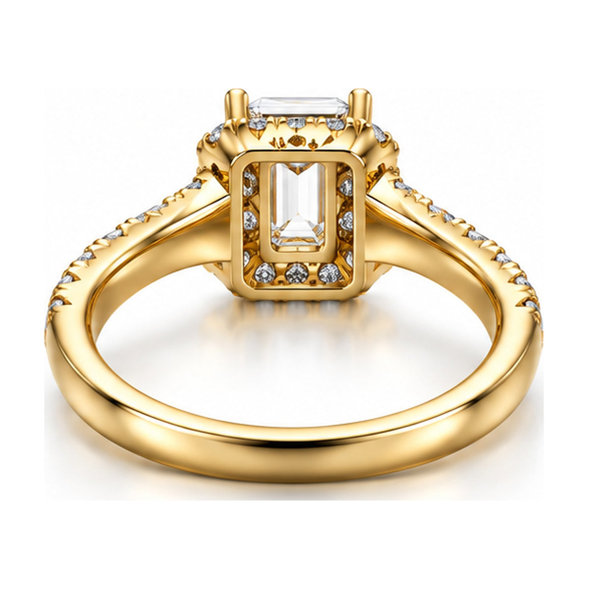 Emerald cut halo pave engagement ring back view