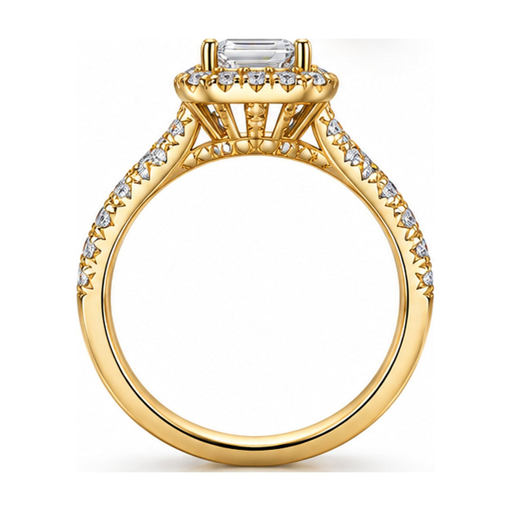 Emerald cut halo pave engagement ring side view