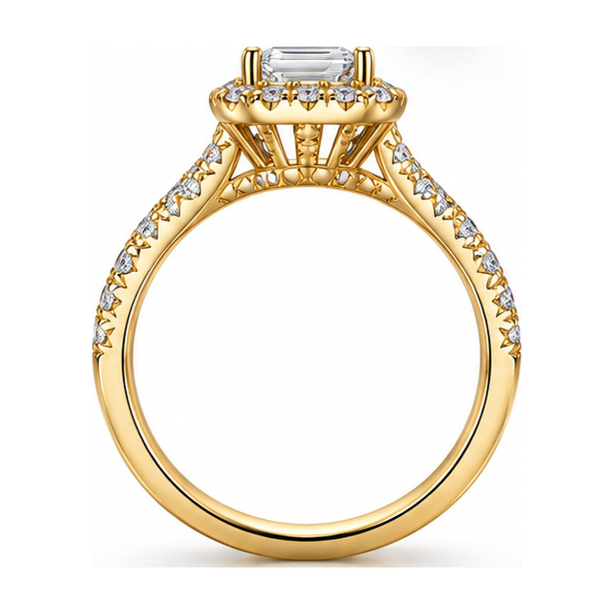 Emerald cut halo pave engagement ring side view