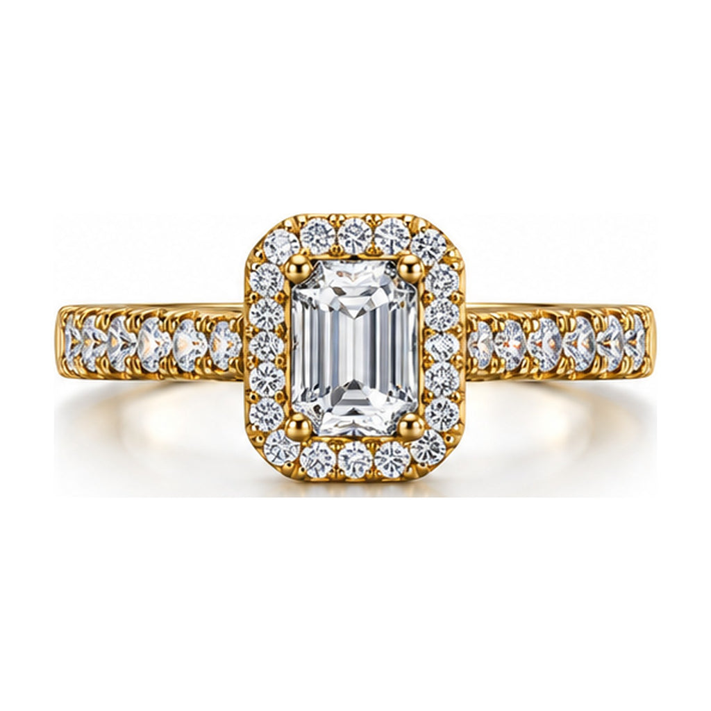 Emerald cut halo pave engagement ring top view
