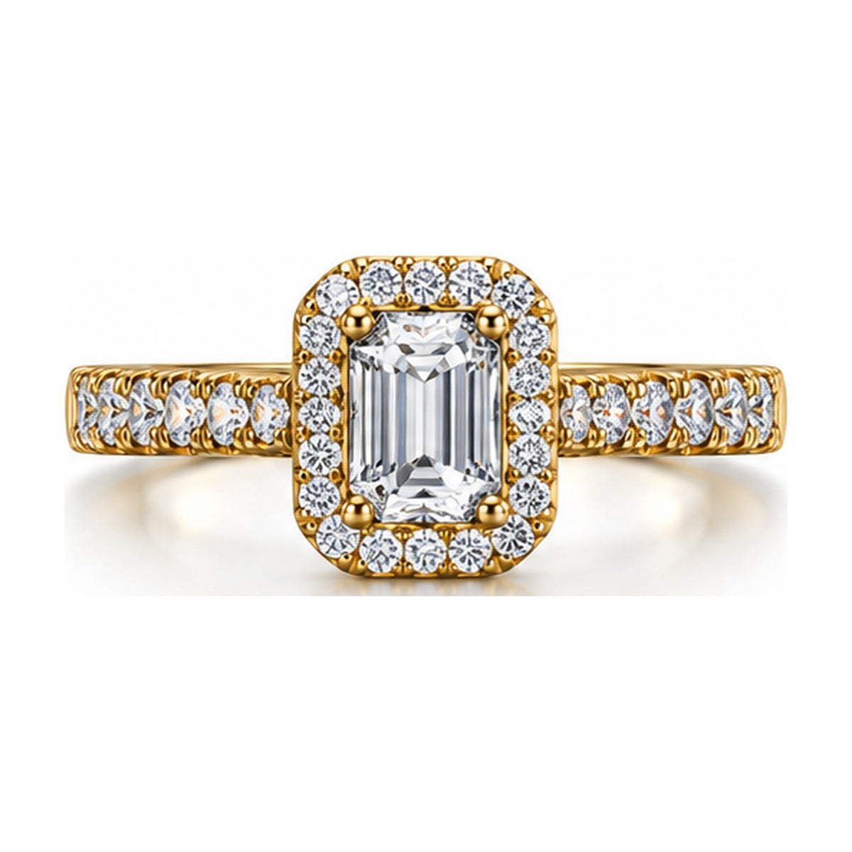 Emerald cut halo pave engagement ring top view