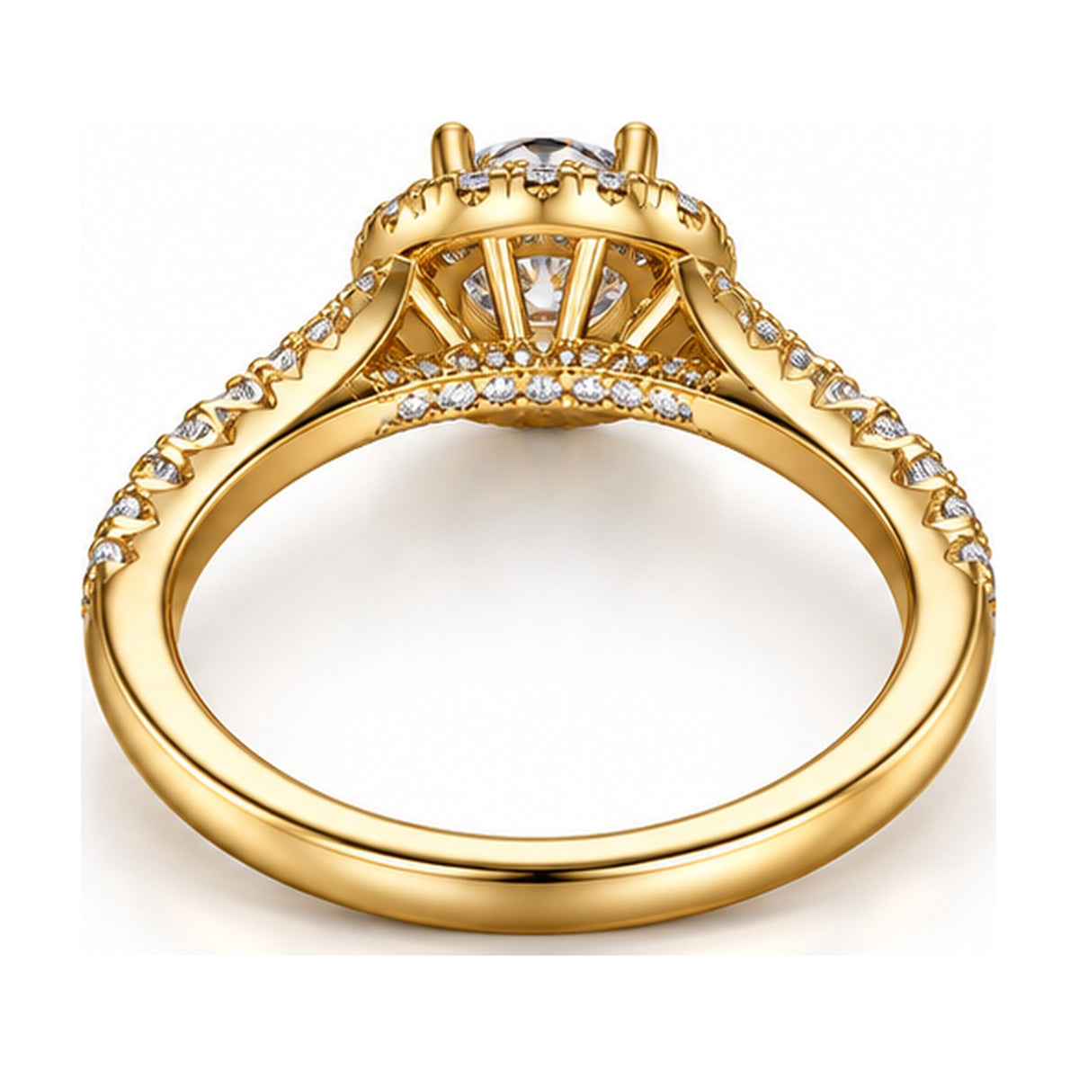 Round halo split shank engagement ring back view