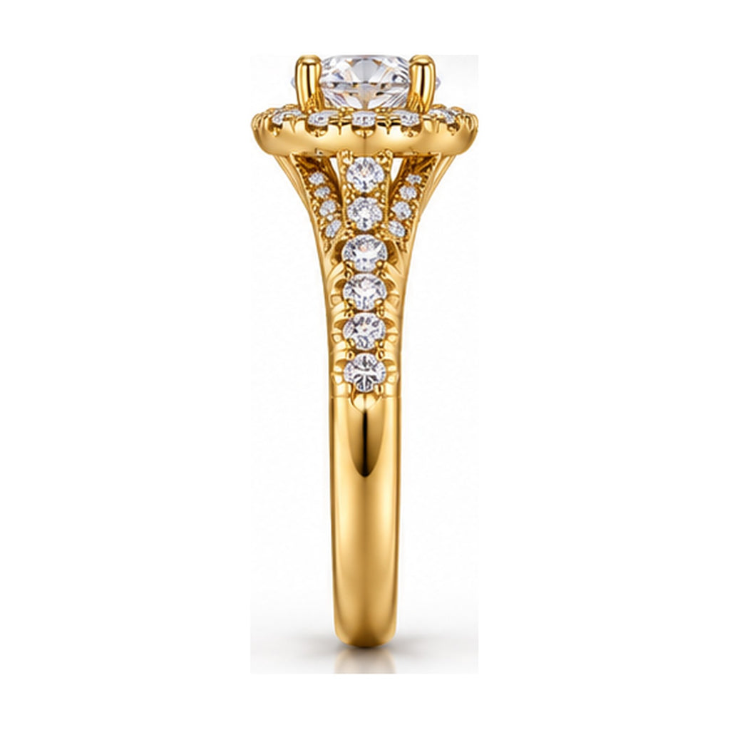 Round halo split shank engagement ring side view