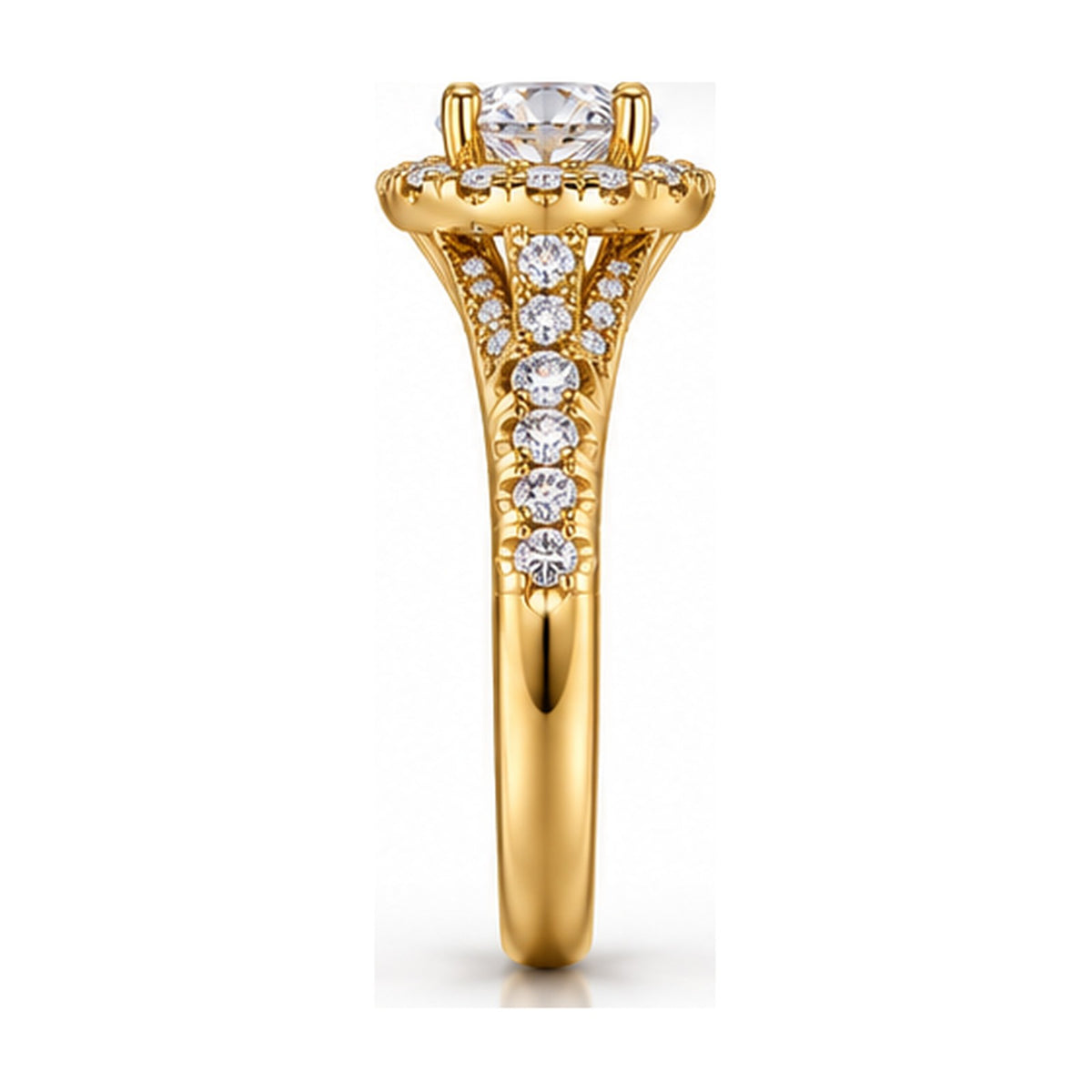 Round halo split shank engagement ring side view