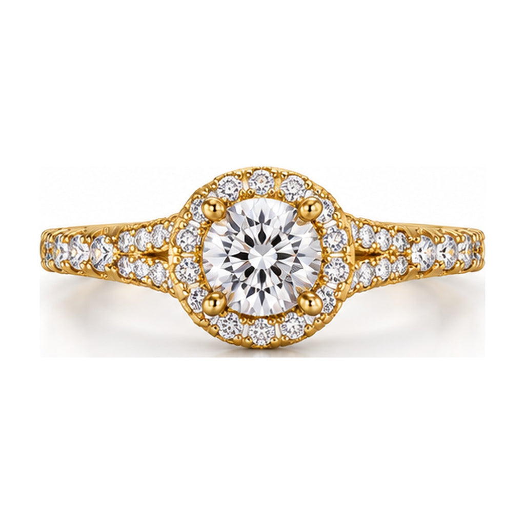 Round halo split shank engagement ring top view
