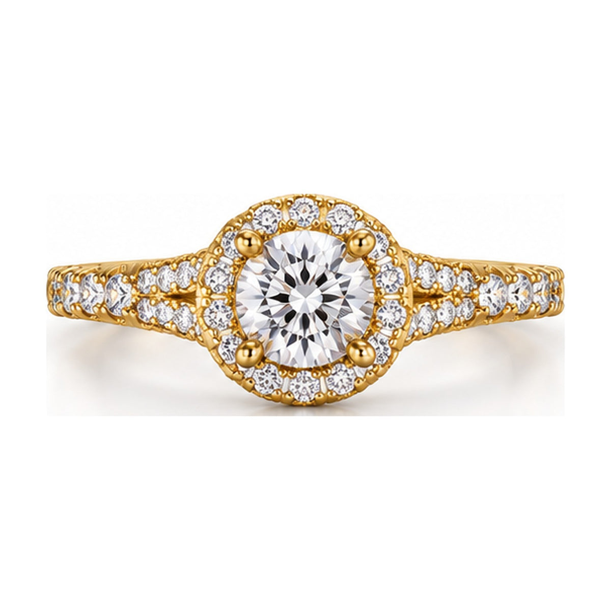 Round halo split shank engagement ring top view