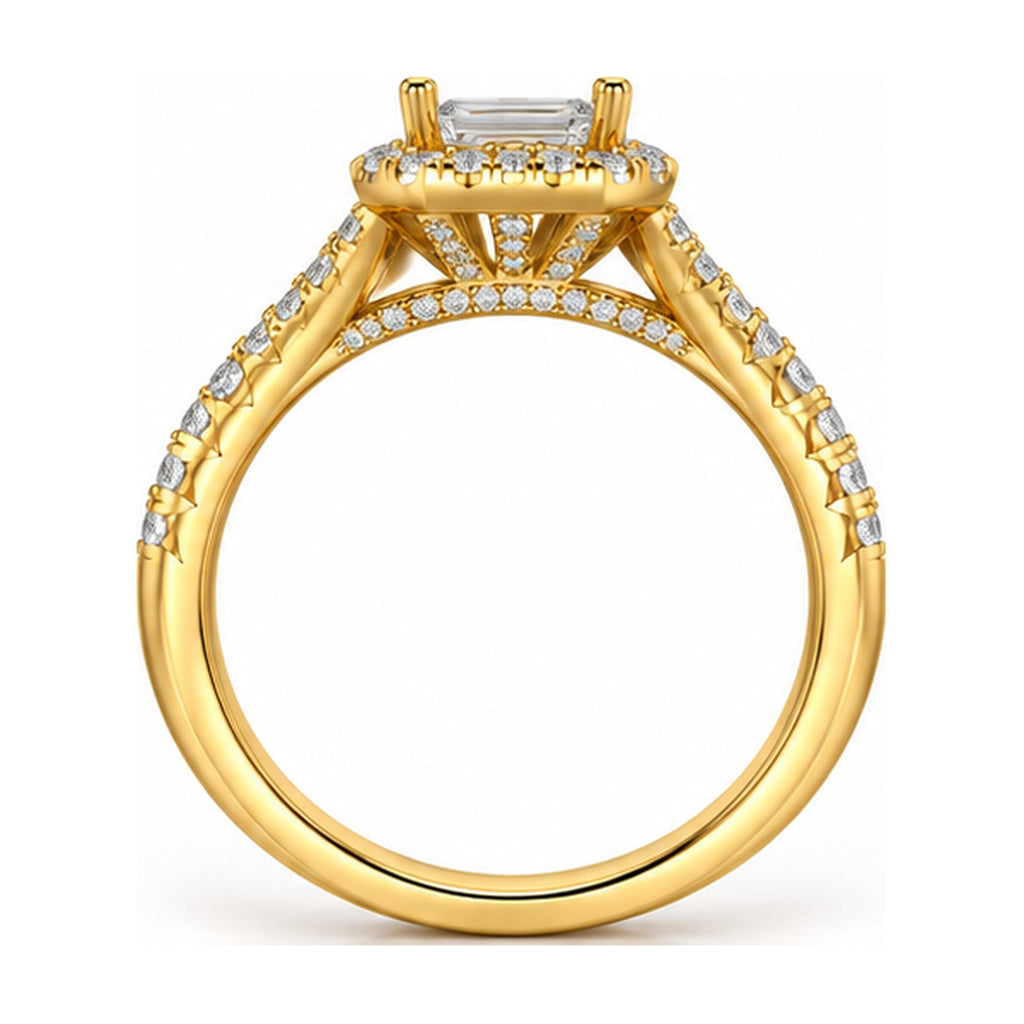 Emerald cut halo split shank engagement ring back view