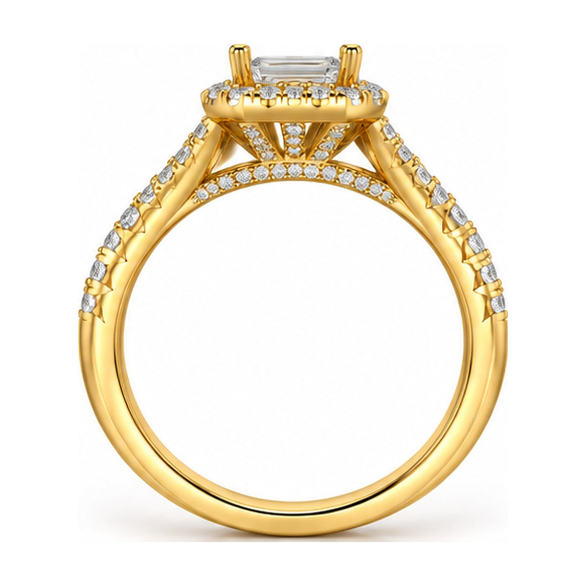 Emerald cut halo split shank engagement ring back view