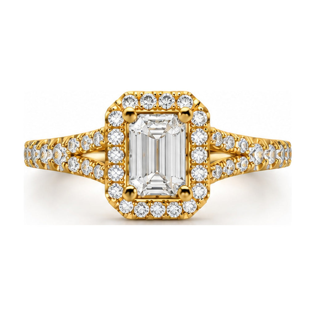 Emerald cut halo split shank engagement ring top view