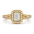 Emerald cut halo split shank engagement ring top view