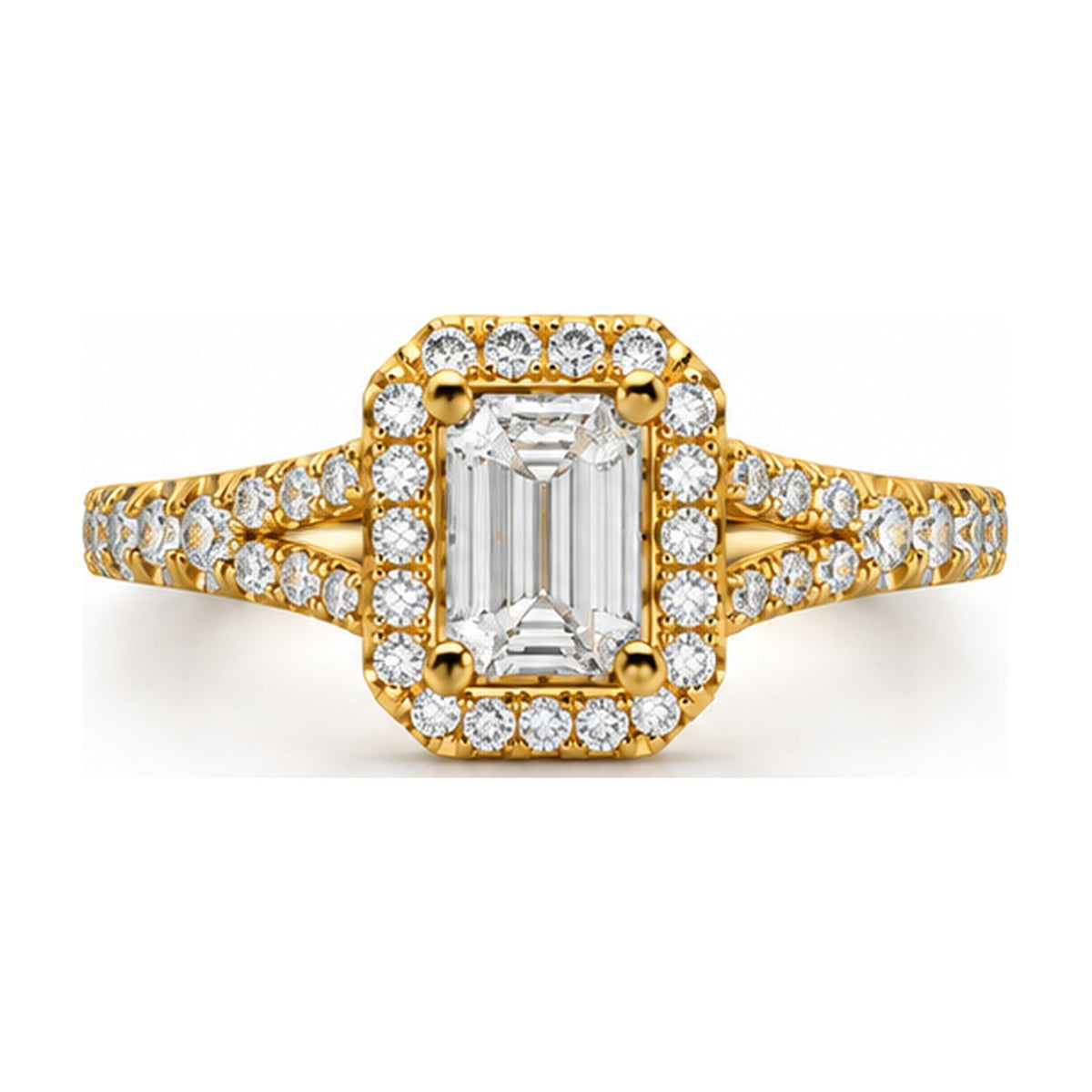 Emerald cut halo split shank engagement ring top view
