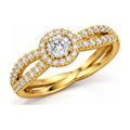 Round halo criss-cross split shank engagement ring angled view