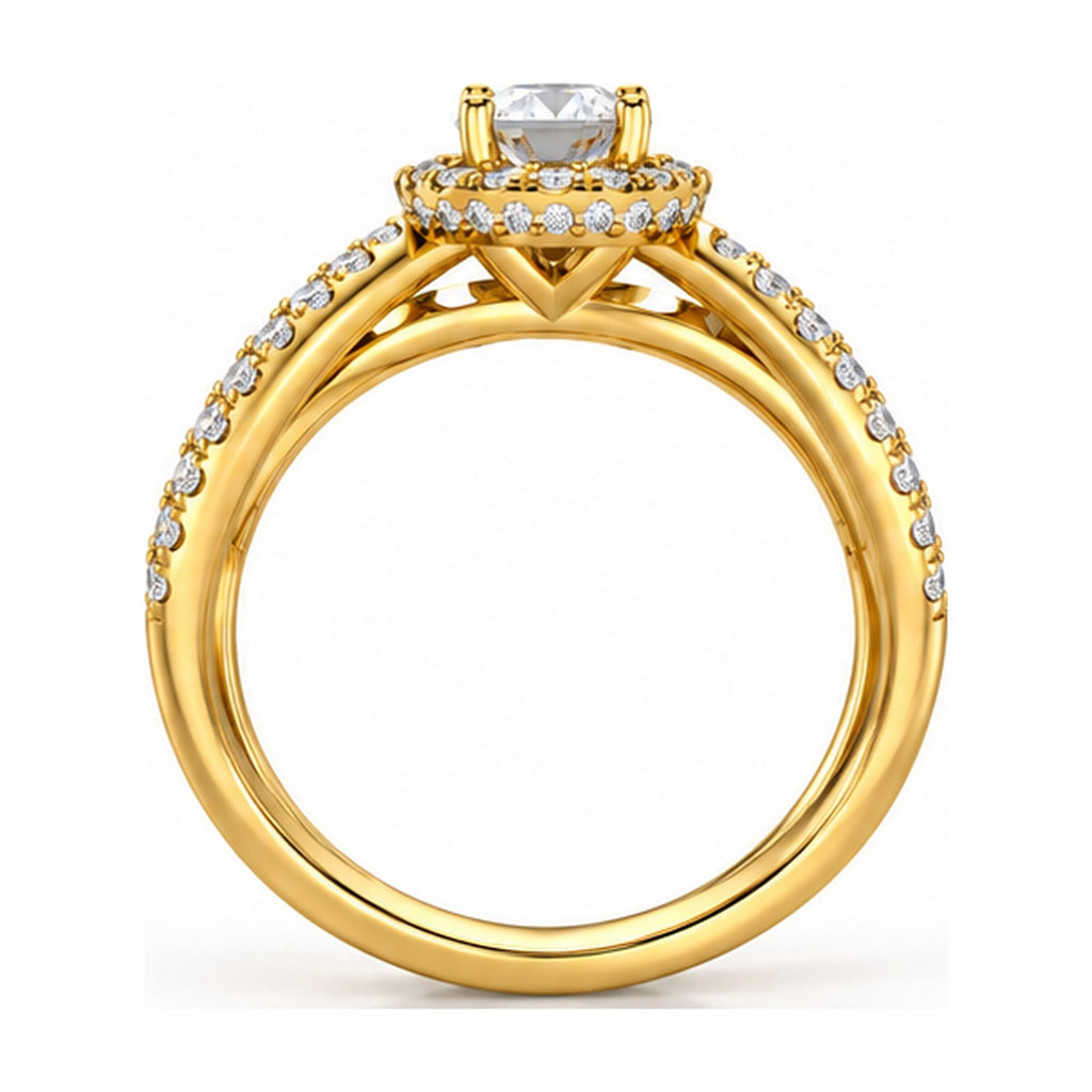 Round halo criss-cross split shank engagement ring back view