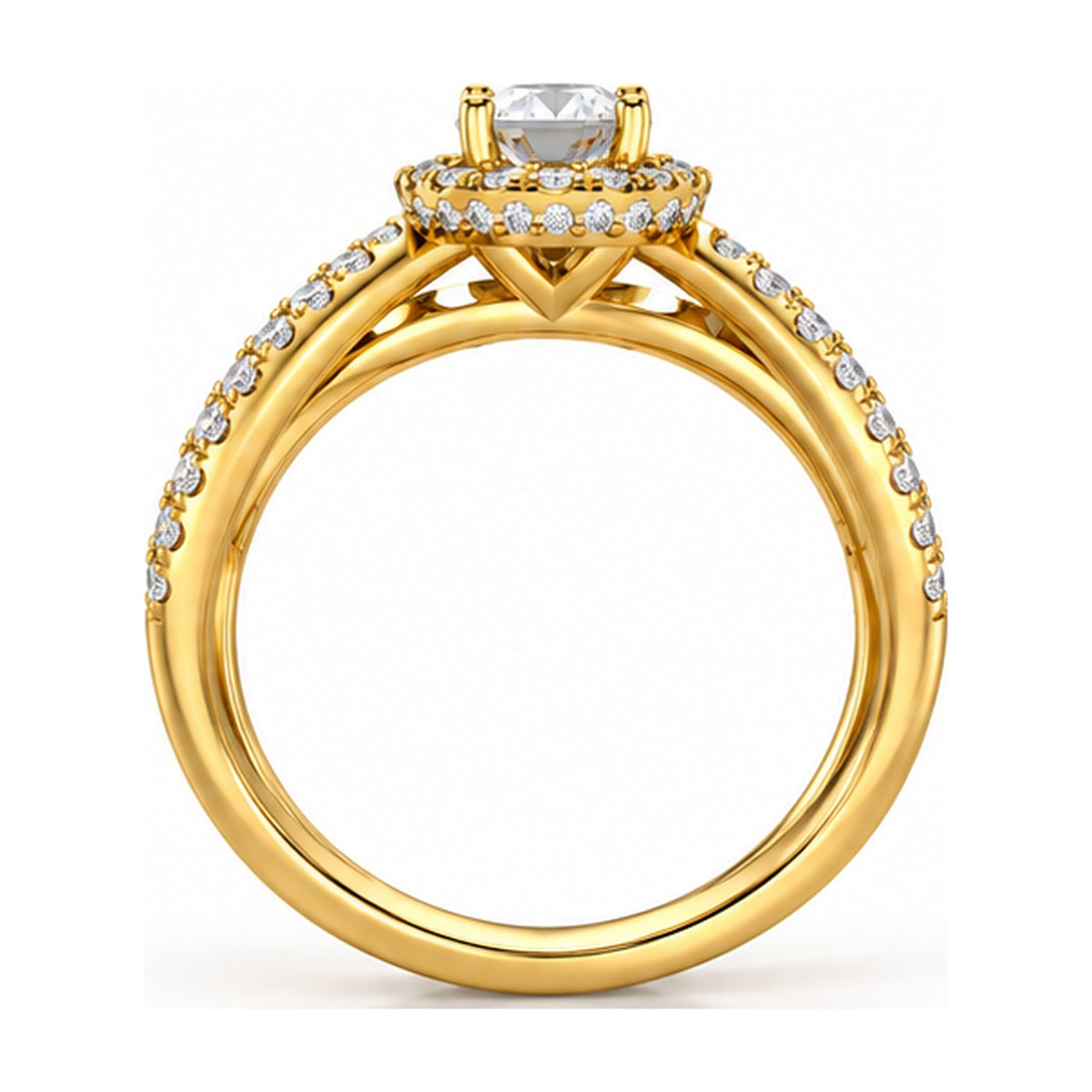 Round halo criss-cross split shank engagement ring back view