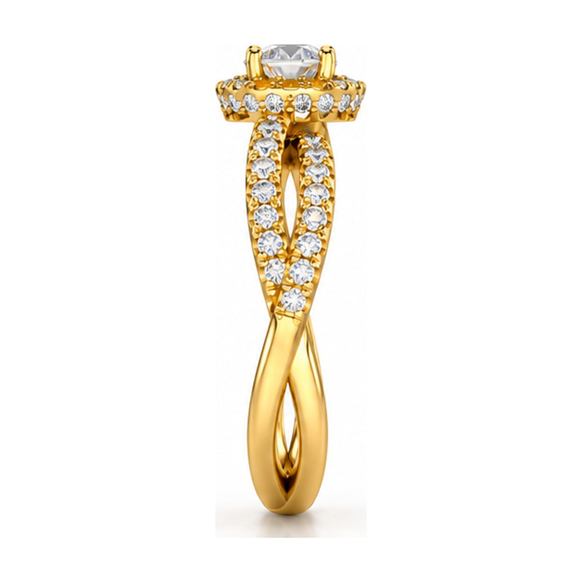 Round halo criss-cross split shank engagement ring side view