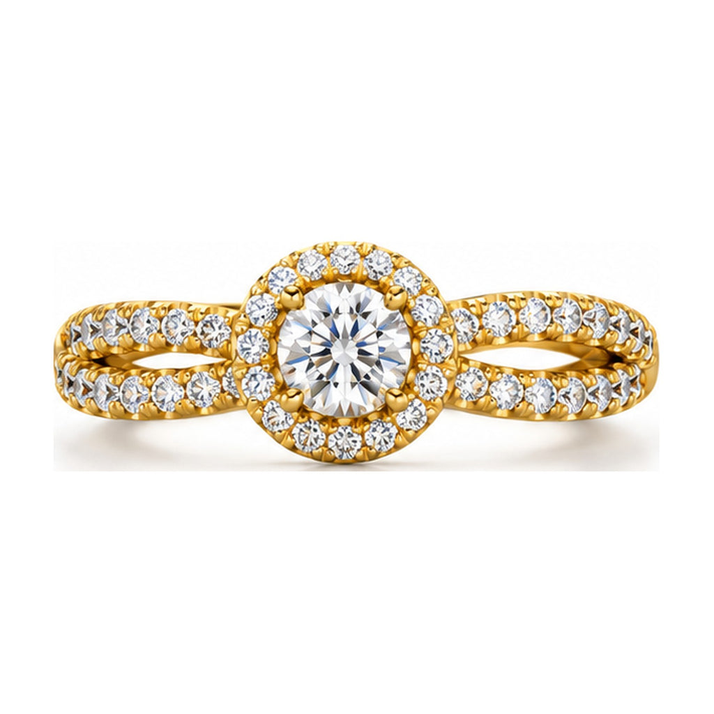 Round halo criss-cross split shank engagement ring top view