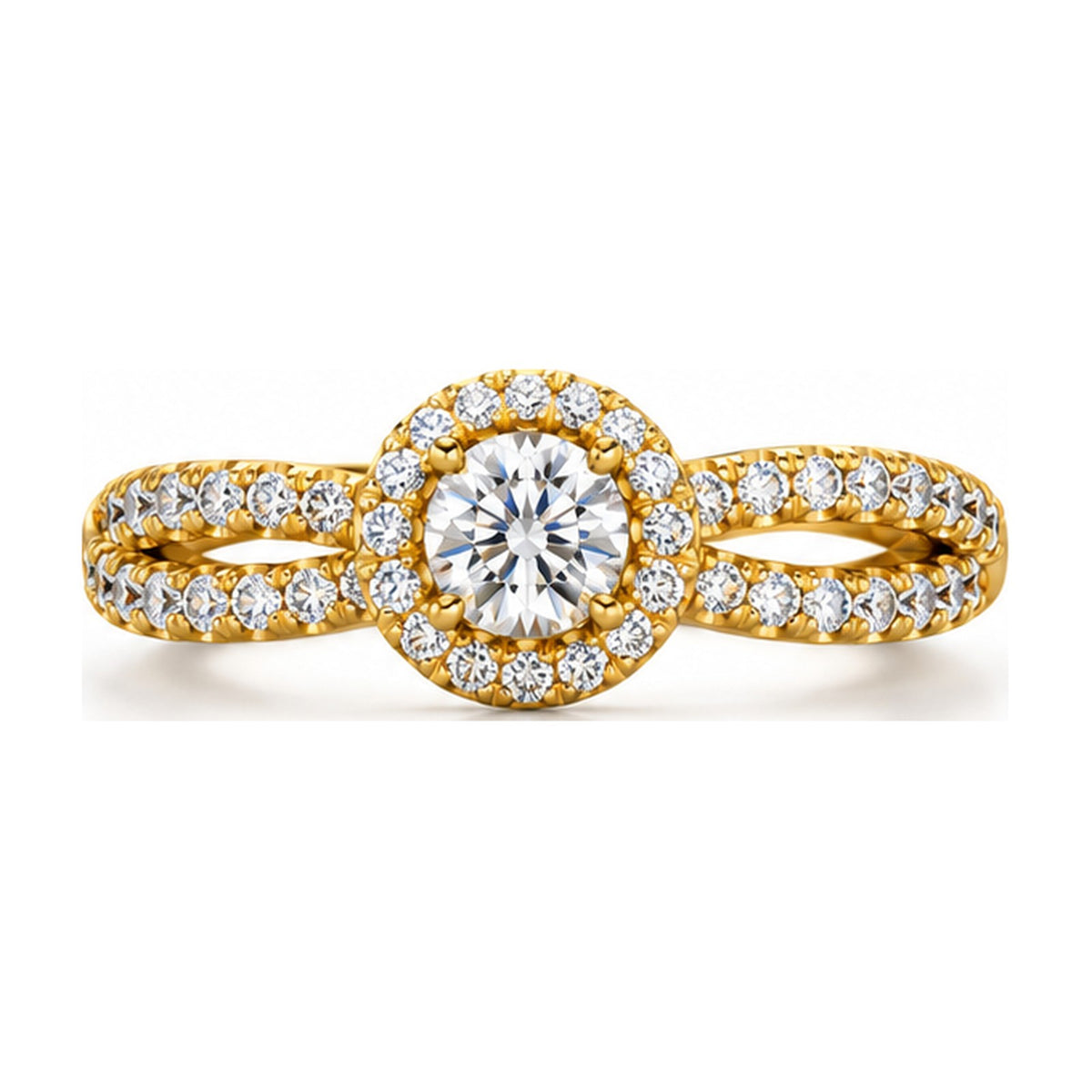 Round halo criss-cross split shank engagement ring top view