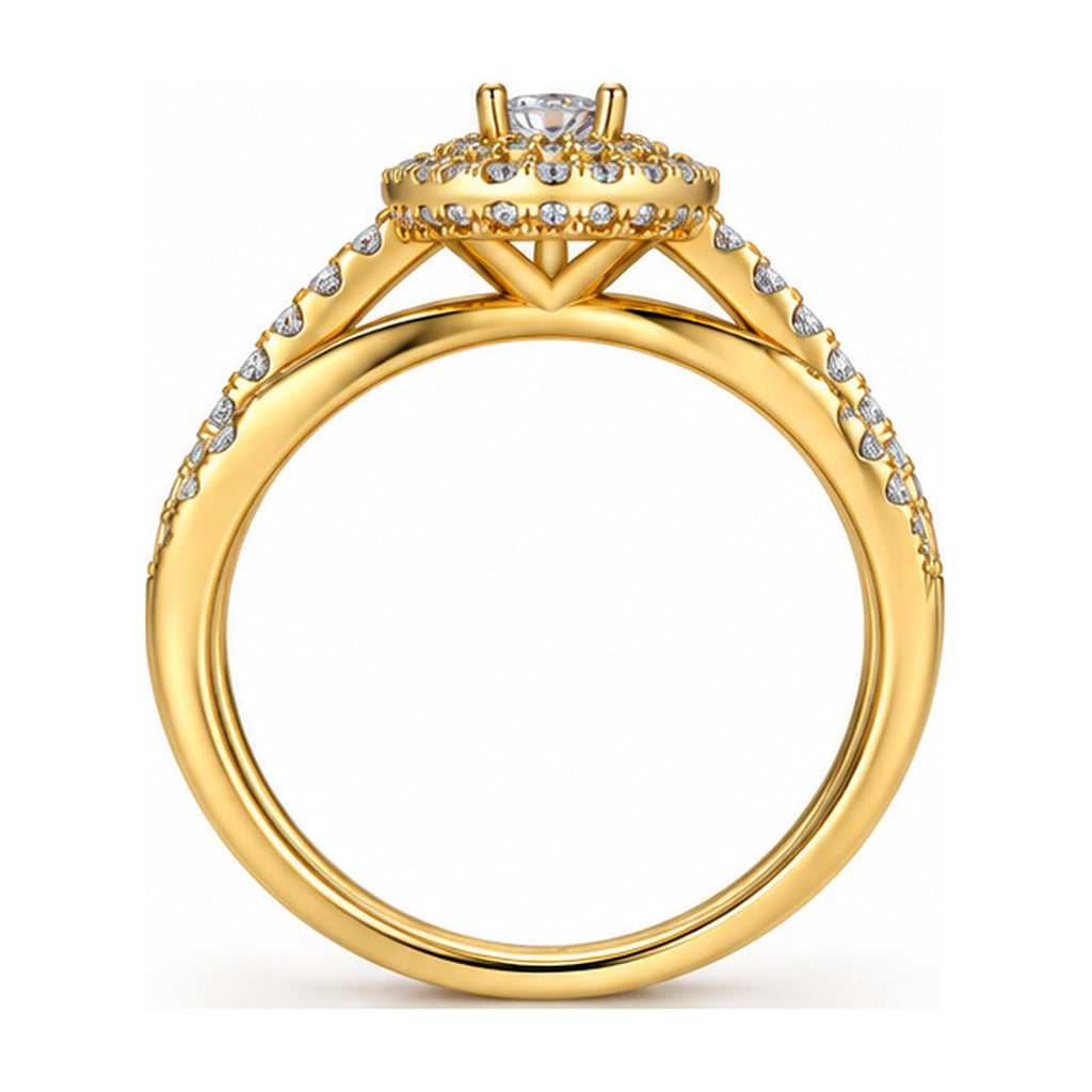 Round double halo criss-cross engagement ring back view