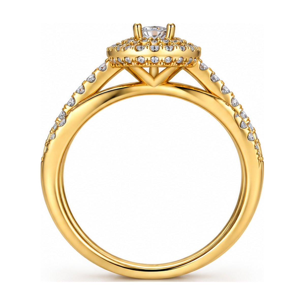 Round double halo criss-cross engagement ring back view