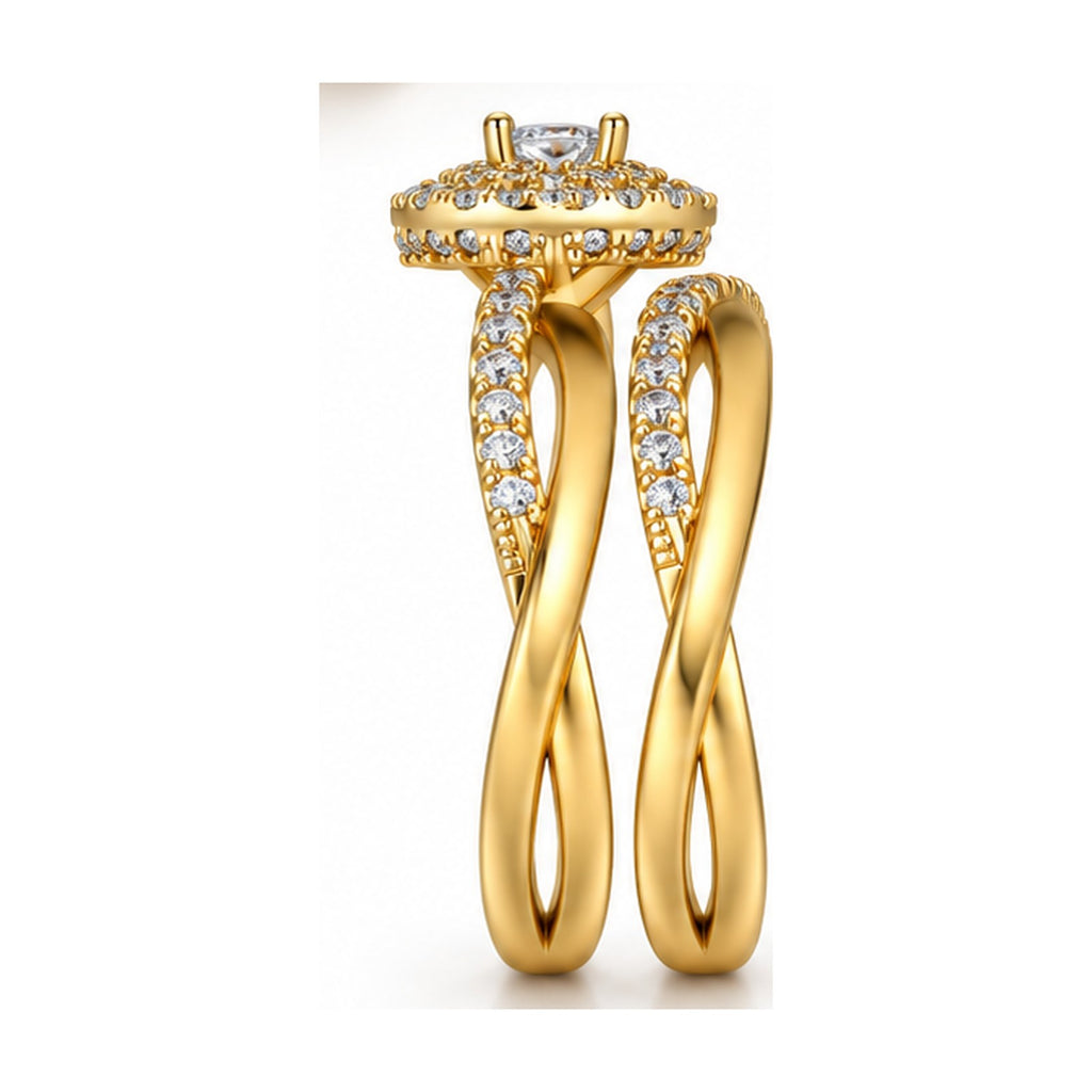 Round double halo criss-cross engagement ring side view