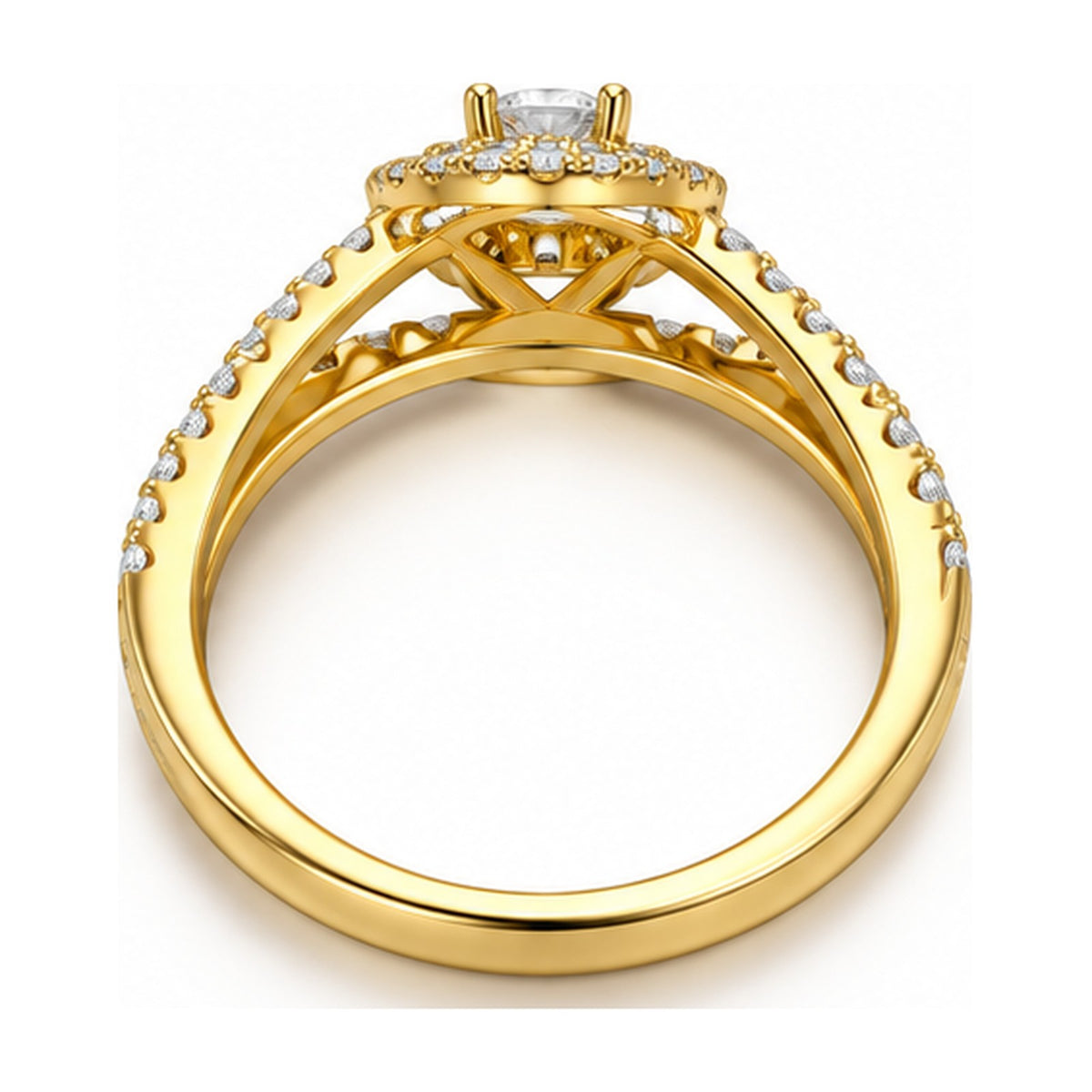 Round double halo criss-cross pave engagement ring back view