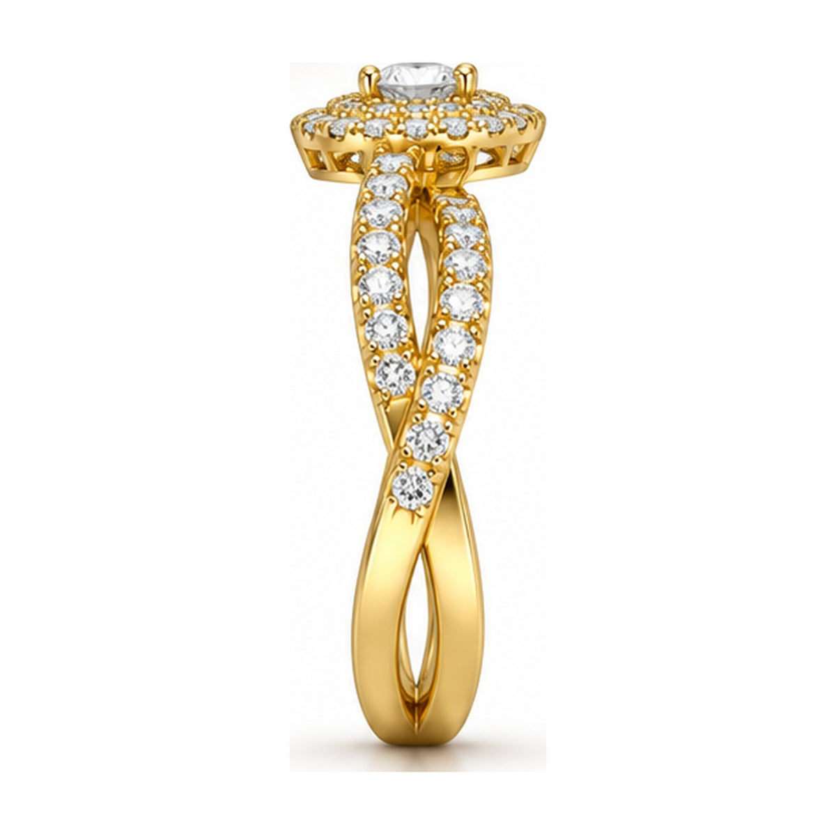 Round double halo criss-cross pave engagement ring side view