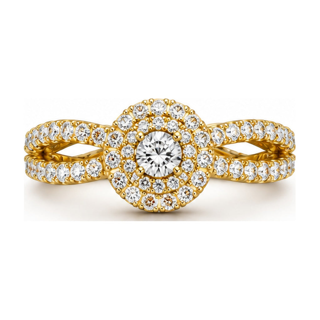 Round double halo criss-cross pave engagement ring top view