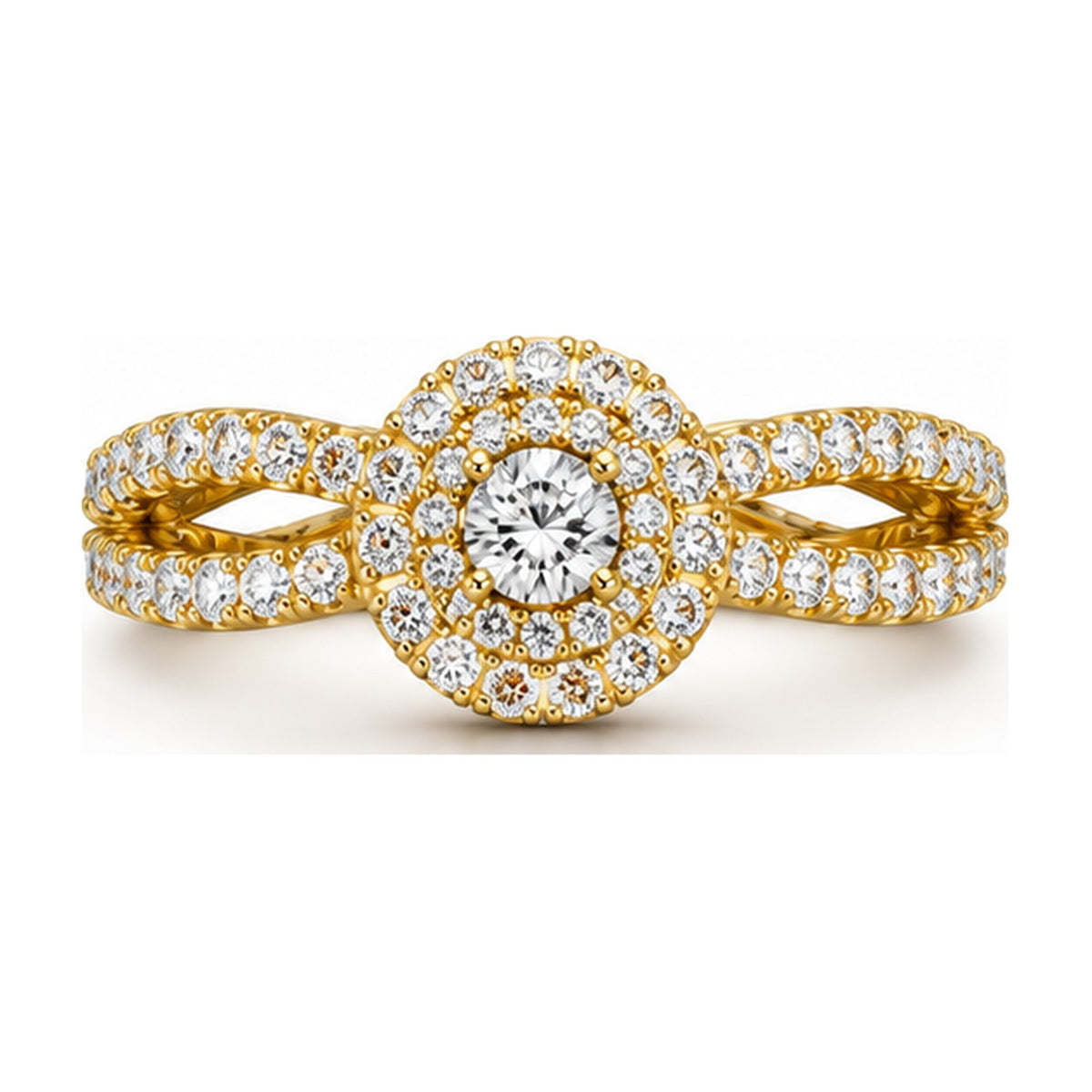 Round double halo criss-cross pave engagement ring top view