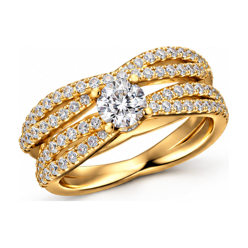 Round solitaire criss-cross pave engagement ring angled view