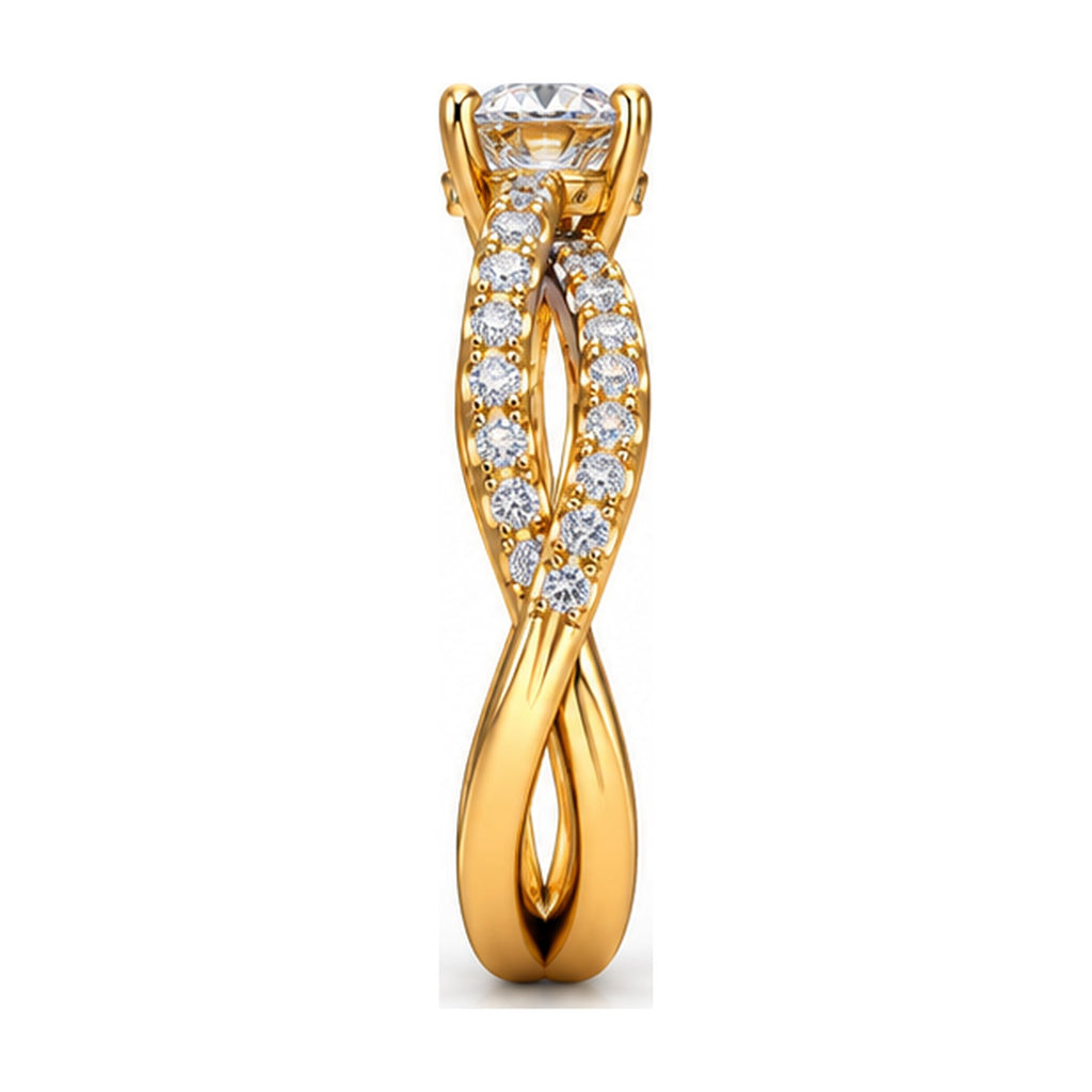 Round solitaire criss-cross pave engagement ring side view