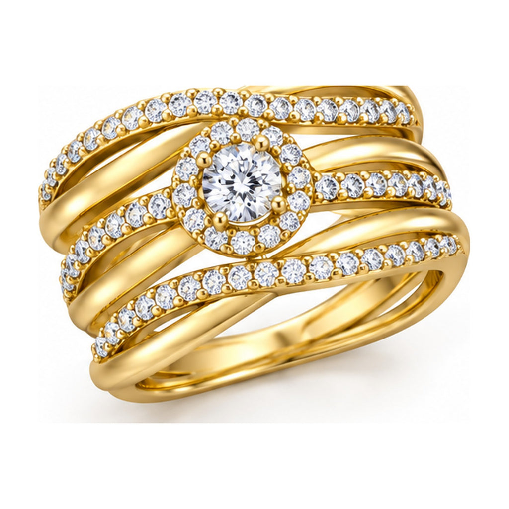 Round halo triple band criss-cross engagement ring angled view