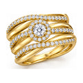 Round halo triple band criss-cross engagement ring angled view